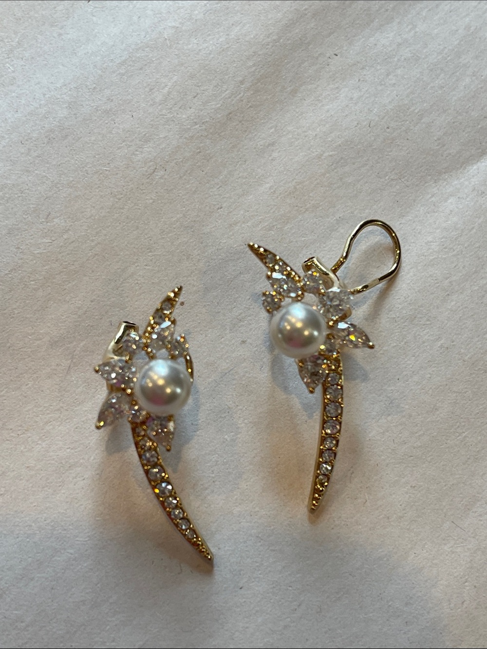 Gold toned Pearl and Crystal Starburst Drop Earrings - Costume Women's Jewelry